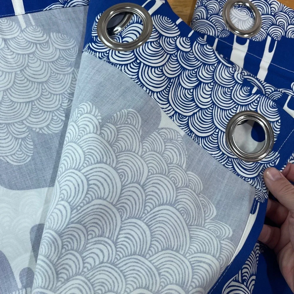 Vtg IKEA Kajsamia Blue White Graphic Tree Grommet Curtain Panels Pair 58x98